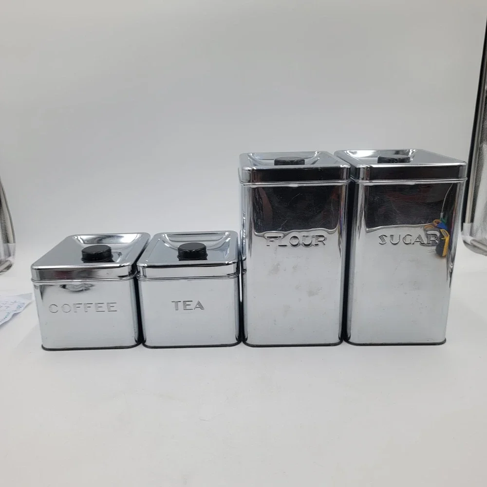 VTG Kreamer Ware Chrome Kitchen Canister Set 4pc Mid Century Retro Metal